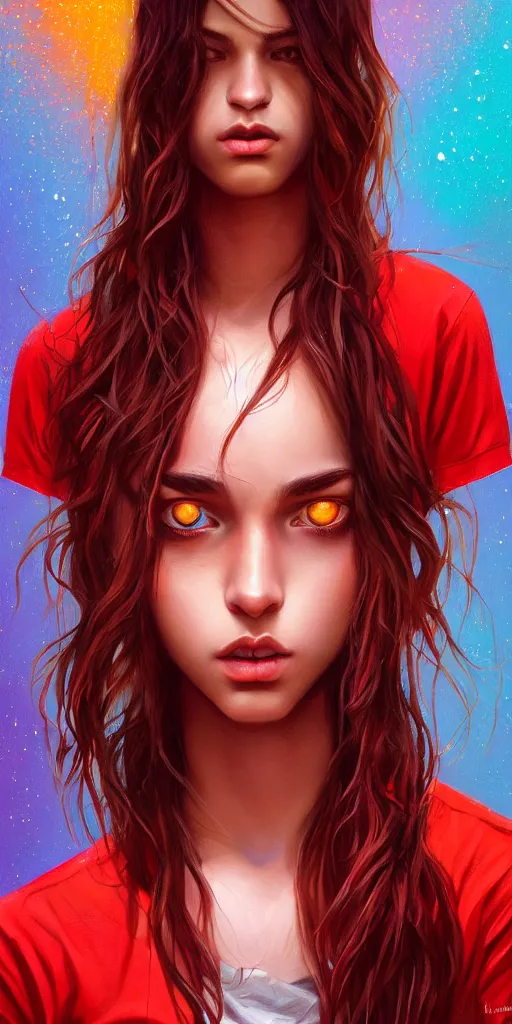 Image similar to colorful and festive captivating teenager with straight brown hair covering his eye, dark skin, big lips, big eyes, wearing a red t - shirt. rich vivid colors, ambient lighting, dynamic lighting, 4 k, atmospheric lighting, painted, intricate, highly detailed by charlie bowater