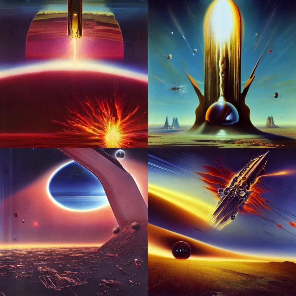 Prompt: An epic explosion in a futuristic space rocket, moments after takeoff on a surreal planet alien landscape, by Salvador Dali, by Bruce Pennington, trending on artstation, top on pixiv, masterpiece, cinematic composition, dynamic, detailed, beautiful lighting, outer space, interstellar, astronomical, 8K, no frames,