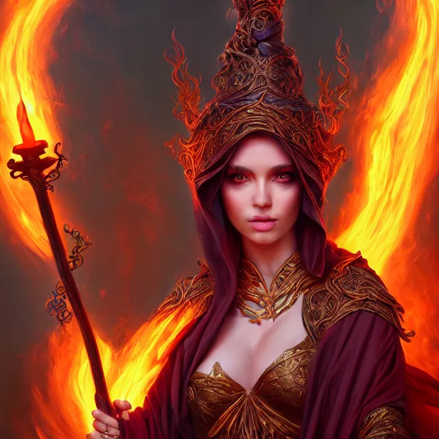 Prompt: beautiful elemental fire witch with ornate robes and staff, highly detailed, 4 k, hdr, smooth, sharp focus, high resolution, award - winning photo, artgerm, photorealistic