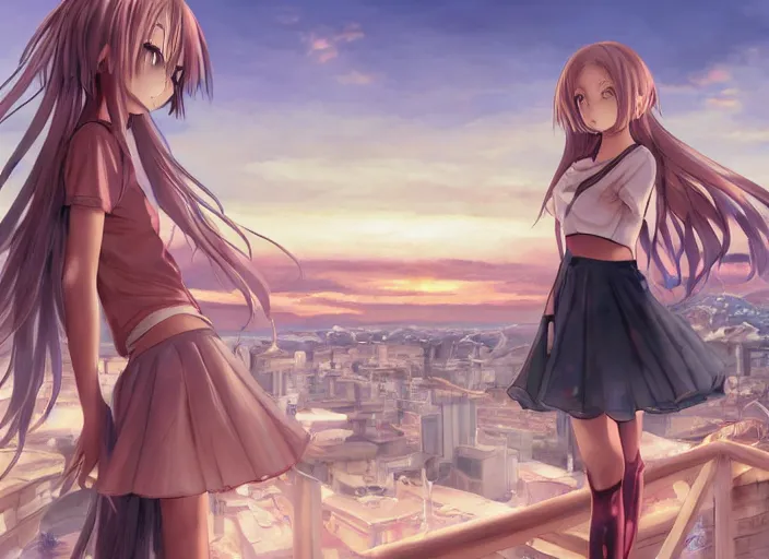 Image similar to anime girl in skirt looking out the window at megopolois and sunset, dynamic composition, motion, ultra-detailed, incredibly detailed, a lot of details, amazing fine details and brush strokes, colorful and grayish palette, smooth, HD semirealistic anime CG concept art digital painting, watercolor oil painting of Clean and detailed post-cyberpunk sci-fi close-up schoolgirl in asian city in style of cytus and deemo, blue flame, relaxing, calm and mysterious vibes,, by a Chinese artist at ArtStation, by Huang Guangjian, Fenghua Zhong, Ruan Jia, Xin Jin and Wei Chang. Realistic artwork of a Chinese videogame, gradients, gentle an harmonic grayish colors. set in half-life 2, Matrix, GITS, Blade Runner, Neotokyo Source, Syndicate(2012), dynamic composition, beautiful with eerie vibes, very inspirational, very stylish, with gradients, surrealistic, dystopia, postapocalyptic vibes, depth of field, mist, rich cinematic atmosphere, perfect digital art, mystical journey in strange world