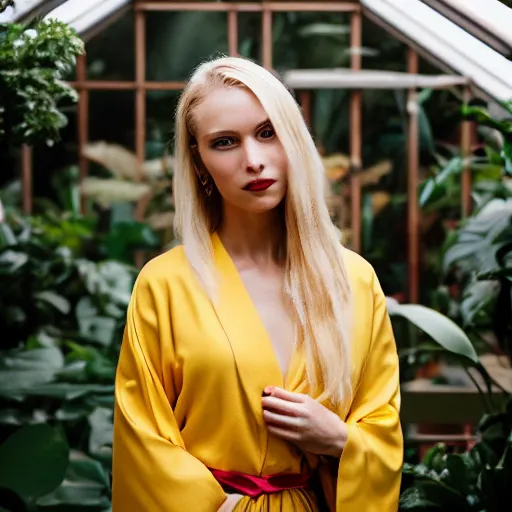 Prompt: head to shoulder portrait photograph of an elegant blond woman wearing a yellow kimono in a tropical greenhouse. looking at the camera!!. very detailed barn owl on her shoulder!!!. super resolution. 85 mm f1.8 lens.bokeh.graflex. by Alessio albi !