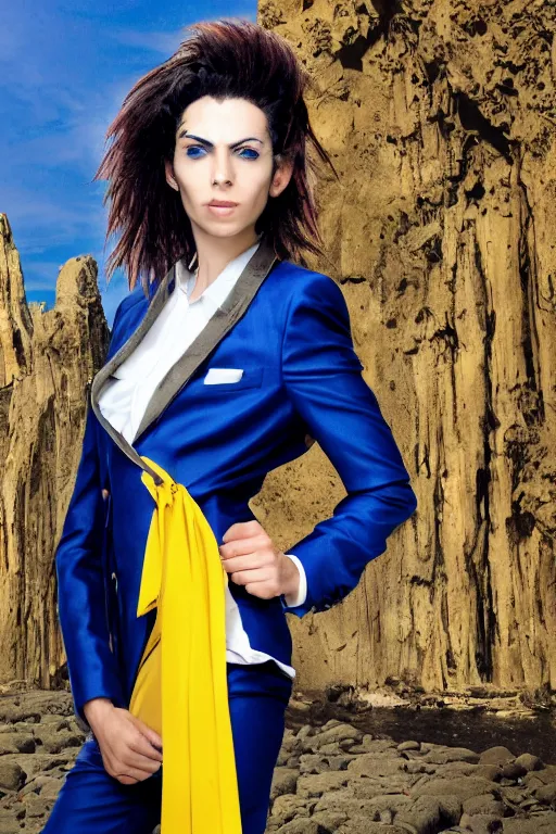 Prompt: portrait of a beautiful androgynous actress with long messy spiked red hair, golden eyes, dark skin, and tufted elf ears and dressed in a blue men's suit with a yellow tie, standing on a stone bridge with a fantasy metropolis of tall stone towers in the background