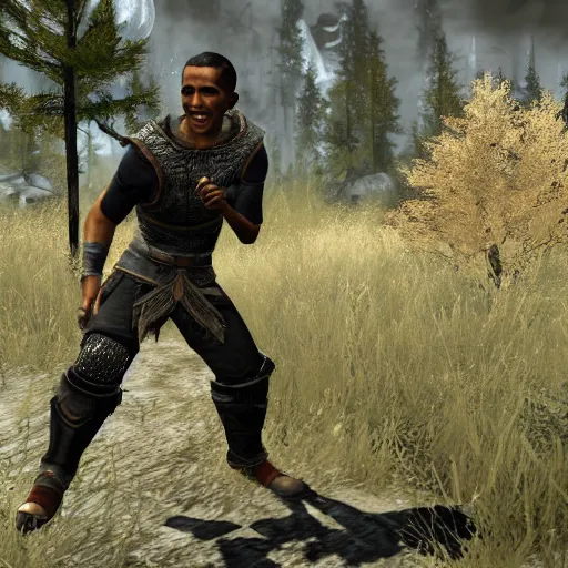 Prompt: video game screenshot of barack obama in skyrim