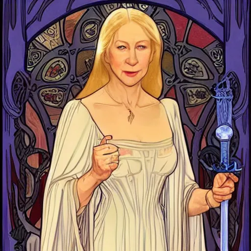 Prompt: helen mirren as galadriel, mucha style,