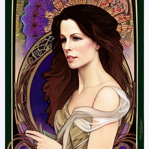 Prompt: Kate Beckinsale in style of Alfons Mucha, stylized