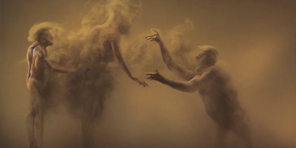 Image similar to Realistic render of an intricate and detailed Donald Trump dance duet made of smoke by Zdzisław Beksiński, floating in space,dream,reflections, dusty and smokey, 8k, ethereal, hyperrealism