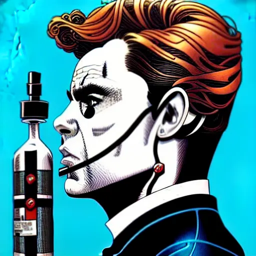 Prompt: a profile photo of an james bond side profile with a diving oxygen mask with side profile blood in ocean intricate details by MARVEL comics and Sandra Chevrier-C