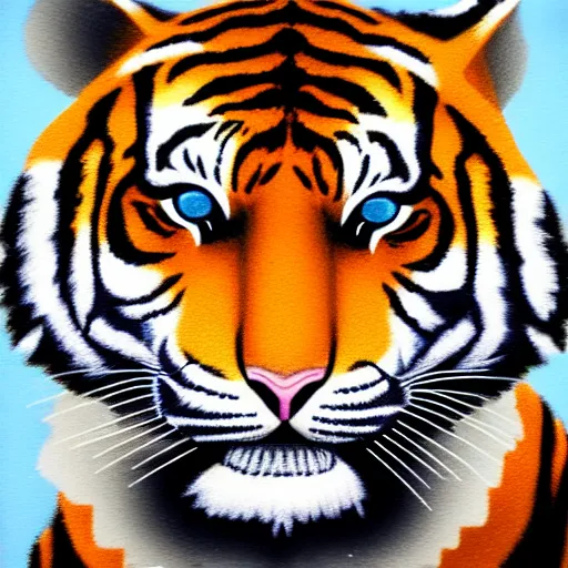 Image similar to “portrait of tiger in the style of metamask holding a laser gun, with a dark background behind him”
