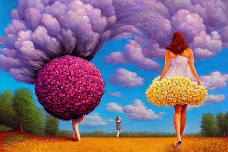 Image similar to giant flower head, woman walking, surreal, clouds in sky, impressionist painting, digital painting, artstation, rob gonsalves