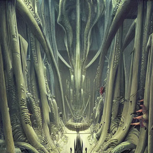 Image similar to epic alien jungle by zdzisław beksinski, greg rutkowski inside a giant futuristic mall by zaha hadid