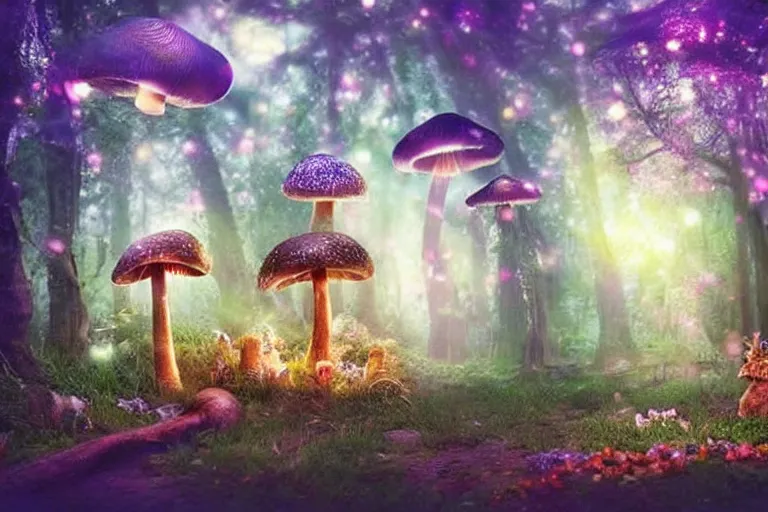 Image similar to An enchanted forest, it is nighttime, there are glowing mushrooms, there are flying fairies, fantasy-style, photorealistic.