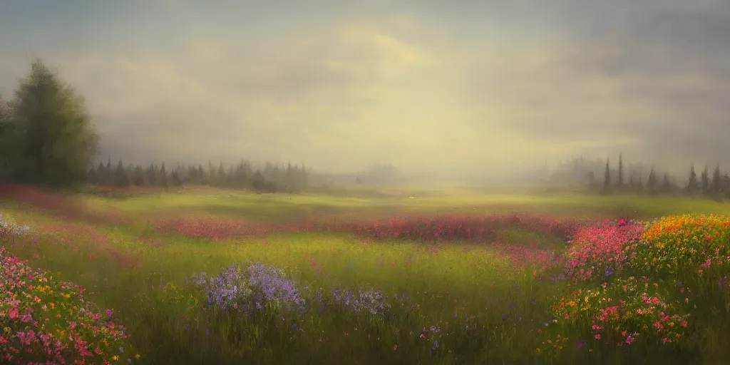 Prompt: a matte painting of a canadian prairie, cottages, foggy, patchy flowers, oil painting, pale colors, high detail, 8 k, wide angle, trending on artstation,