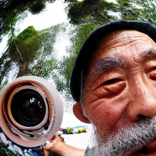 Prompt: Fisheye selfie of an old japanese man with long beard, extreme fisheye