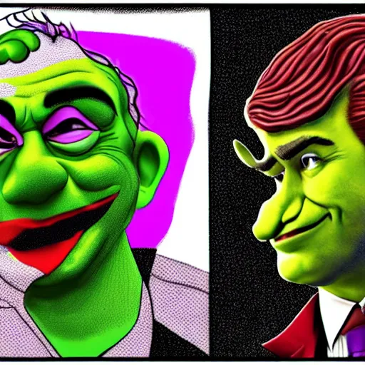 Prompt: photograph of a presidential debate between the Joker and Shrek. 8k resolution. hyperrealism.
