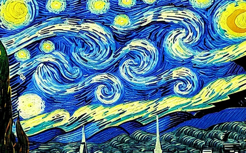 Prompt: star wars in the sky of the starry night by van gogh modern inpainting high details