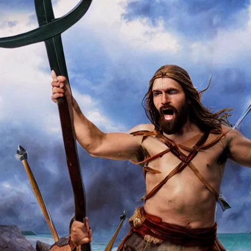 Prompt: Jesus Christ as a viking holding a battleax yelling and raising his arms, 8k, hyperrealistic, professional photography, epic composition