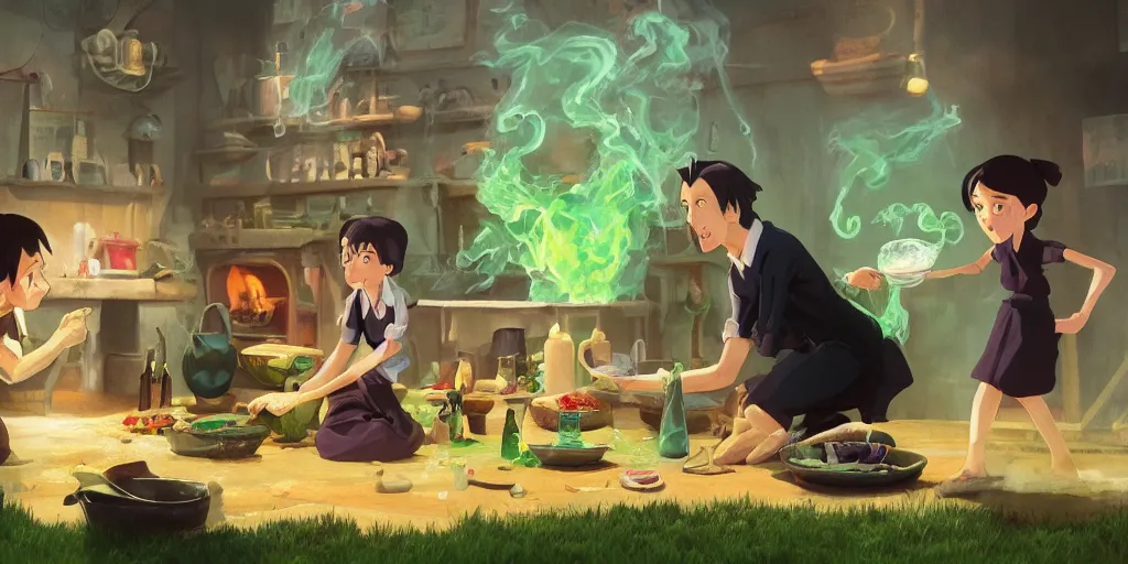 Prompt: a wholesome animation key shot of a steve buscemi with black hair as a witch cooking a magic potion in his cauldron of bubbling green liquid as his cats watch, medium shot, waist up, studio ghibli, pixar and disney animation, sharp, rendered in unreal engine 5, anime key art by greg rutkowski, bloom, dramatic lighting