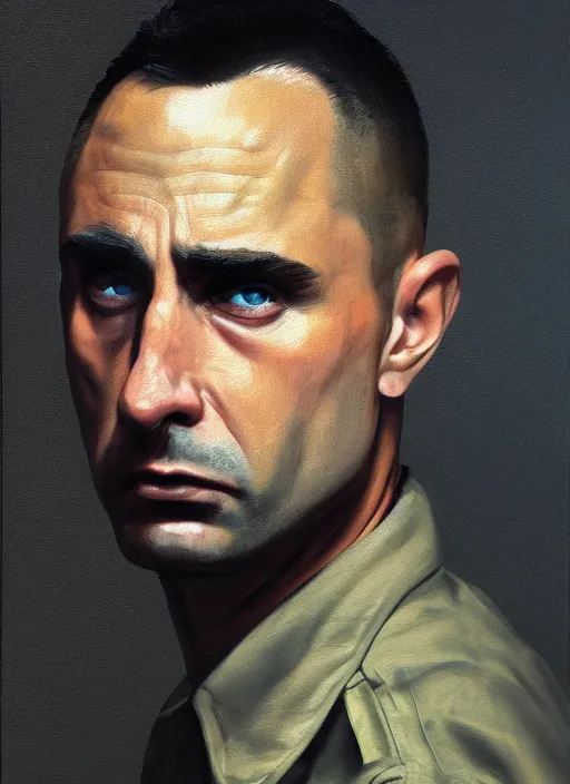 Image similar to realistic portrait of travis bickle from taxi driver, trending on artstation, low angle oil painting and composition laws, cinematic lighting, hyperdetailed, cgsociety, 8 k