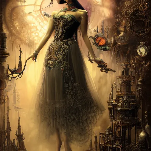 Prompt: photorealistic soft paint of absurdities and curiosities, single very beautiful asian princess full long dress, ultra deep fog, purple black lustrous thin haircut, partial symmetry accurate features, focus, very intricate ultrafine details, award winning masterpiece, steampunk world, rudolf freund dan mumford tom bagshaw