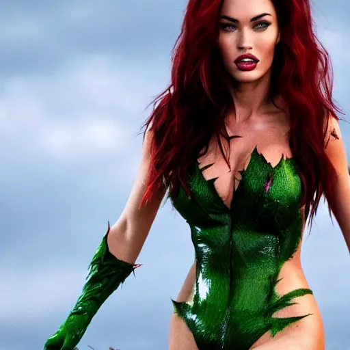 Image similar to stunning awe inspiring megan fox as poison ivy, movie still 8 k hdr atmospheric lighting