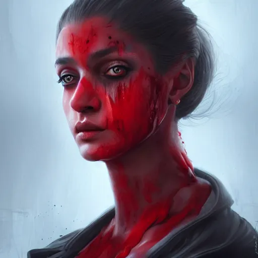 Image similar to portrait of aalia bhatt upper body in bloody business suit, blood red eyes, vampire fangs, fantasy, intricate, elegant, highly detailed, digital painting, artstation, concept art, matte, sharp focus, illustration, art by aenaluck and roberto ferri and greg rutkowski, epic fantasy, digital painting