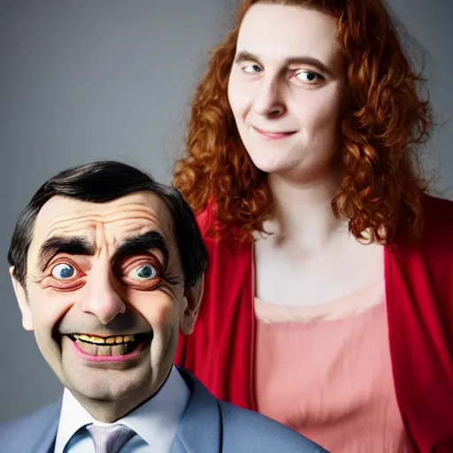 Image similar to A portrait mr bean elizabeth teams up with a teenage mr bean, perfect faces, 50 mm, award winning photography