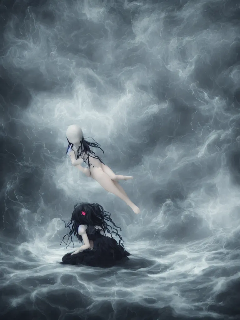 Image similar to cute fumo plush of a cursed frail witch girl sinking into an inky black reflective pond of blackness swirling with strange energetic fluid, volumetric smoke and fog, environment map reflective water, goth, vignette, vray