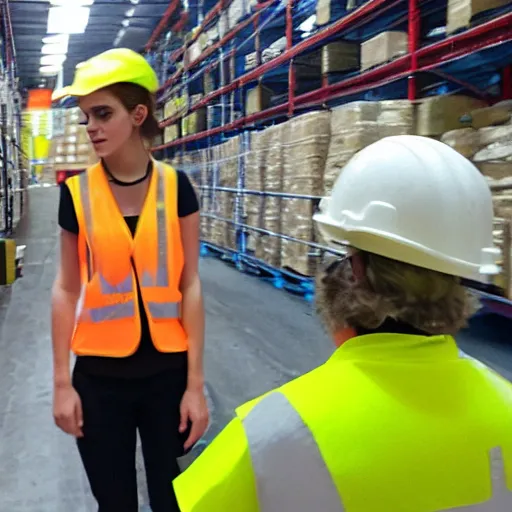 Image similar to photo, extreme far shot, emma watson in a hi vis vest, in warehouse, android cameraphone, 2 6 mm,