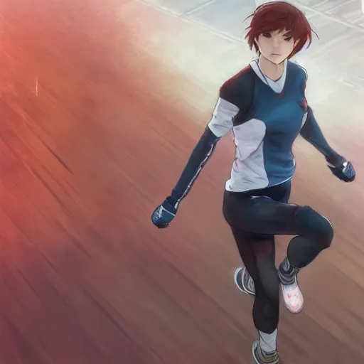 Image similar to anime style, running, red sport clothing, marathon race, brown short hair, hair down, symmetrical facial features, from arknights, hyper realistic, rule of thirds, extreme detail, 4 k drawing, safebooru, realistic lighting, by alphonse mucha, greg rutkowski, sharp focus, backlit