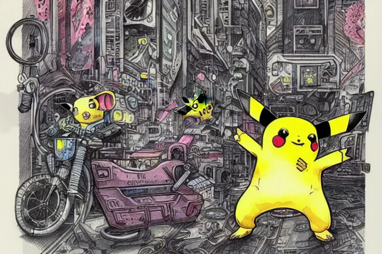 Prompt: a drawing of cyberpunk pikachu by Joe Fenton, with a little watercolor wash