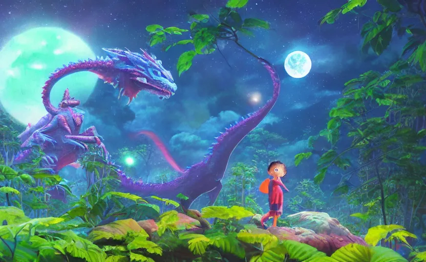 Image similar to a still of a cute adorable tiny astronaut, on a planet of lush colorful foliage, with an enormous kaiju dragon surrounding the full background, magical forest, sharp focus, neon backlit, highly detailed, disney pixar studio ghibli makoto shinkai, digital painting, matte, octane render, global illumination, iridescent, anime, 8 k concept art