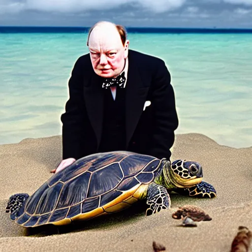 Prompt: An astonished Winston Churchill discovers the first turtle ever in Galapagos, national geographic, XF IQ4, f/1.4, ISO 200, 1/160s, 8K, RAW, unedited