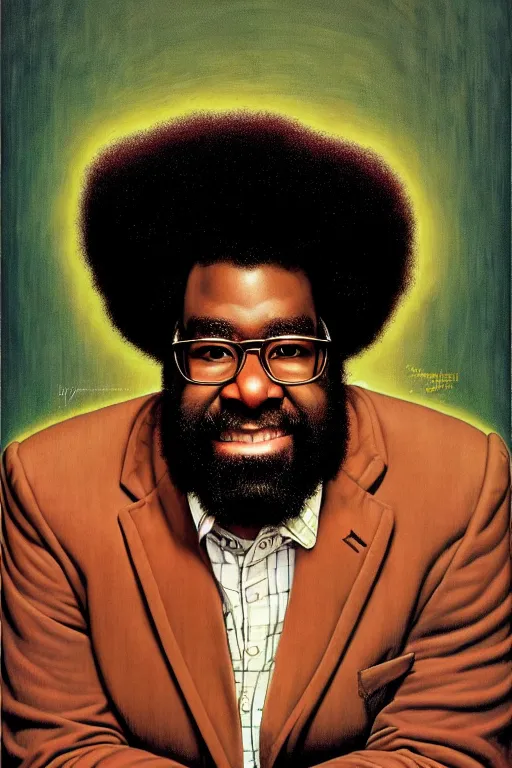 Image similar to portrait of questlove from the roots by gil elvgren and norman rockwell and rob gonsalves and hajime sorayama, hyperrealistic, high detail, ultra detailed, highly detailed face