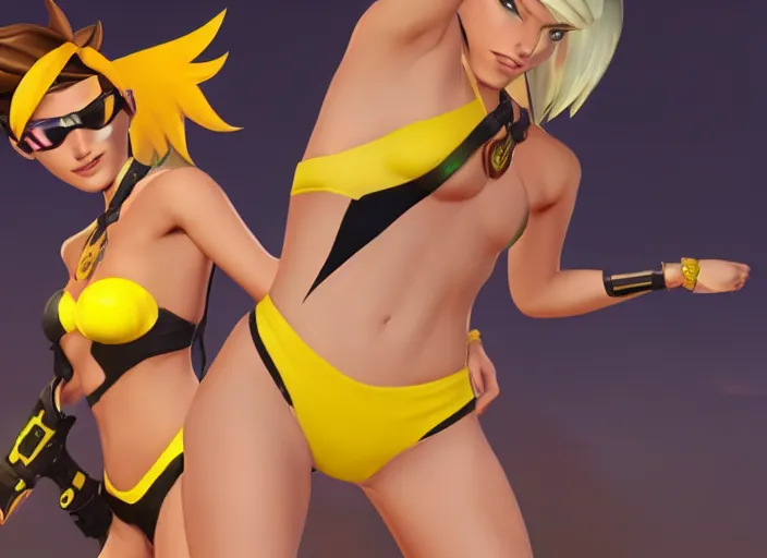 Image similar to tracer game character, in yellow bikini, blonde hair, black eyes, full height