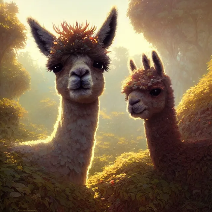 Image similar to highly detailed portrait of a cute alpaca, unreal engine, fantasy art by greg rutkowski, loish, rhads, ferdinand knab, makoto shinkai and lois van baarle, ilya kuvshinov, rossdraws, tom bagshaw, alphonse mucha, global illumination, radiant light, detailed and intricate environment