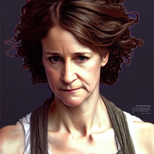 Image similar to full portrait of holly hunter as ellen ripley, fantasy, d & d, intricate, detailed, by by alphonse mucha, adolfo hohenstein, alice russell glenny, stanley artgerm lau, greg rutkowski, detailed, trending on artstation, trending on artstation, smooth