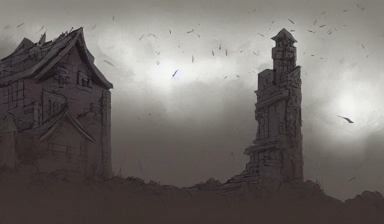 Image similar to A serene landscape with a singular building in the style of grimdark