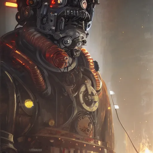 Image similar to portrait of adeptus mechanicus techpriest at a forge, by cedric peyravernay and feng zhu, highly detailed, excellent composition, cinematic concept art, dramatic lighting, trending on artstation