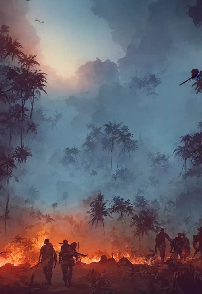 Image similar to handmade illustration of an epic Vietnam war scene with a few american soldiers walking, the jungle at the background, some smoke and fire, blue sky with dramatic clouds, line art, ink, watercolor by Kilian Eng and by Jake Parker, heavy brushstrokes, winning-award masterpiece, fantastic, octane render, 8K HD Resolution, High quality image