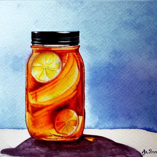 Image similar to Ice Tea in a mason jar, Watercolor, photorealistic, high resolution, award winning, trending on artstation