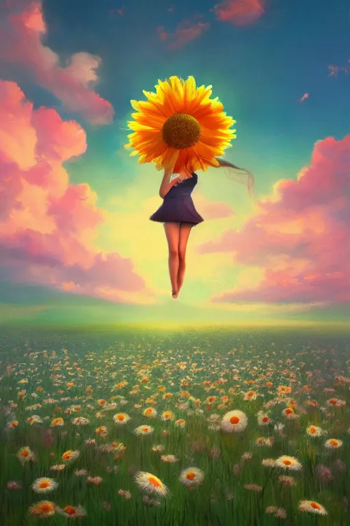 Image similar to giant daisy flower as head, girl dancing in a flower field, surreal photography, sunrise, dramatic light, impressionist painting, colorful clouds, digital painting, artstation, simon stalenhag