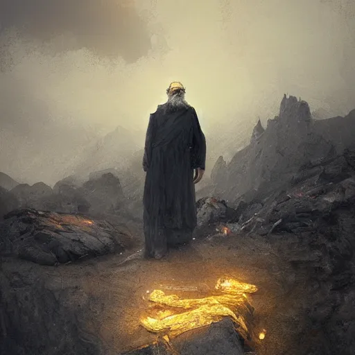 Prompt: portrait of an old man with a silver gray beard and ragged robes knelt down on the peak of a mountain writing on a stone, the sky above is wreathed in flames, by Jeremy Mann, realistic, detailed, ancient, digital art, apocalyptic, earth tones, dramatic, cinematic lighting