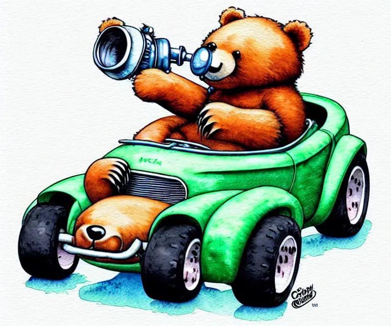 Image similar to cute and funny, bear wearing a helmet riding in a tiny hot rod with oversized engine, ratfink style by ed roth, centered award winning watercolor pen illustration, isometric illustration by chihiro iwasaki, edited by range murata