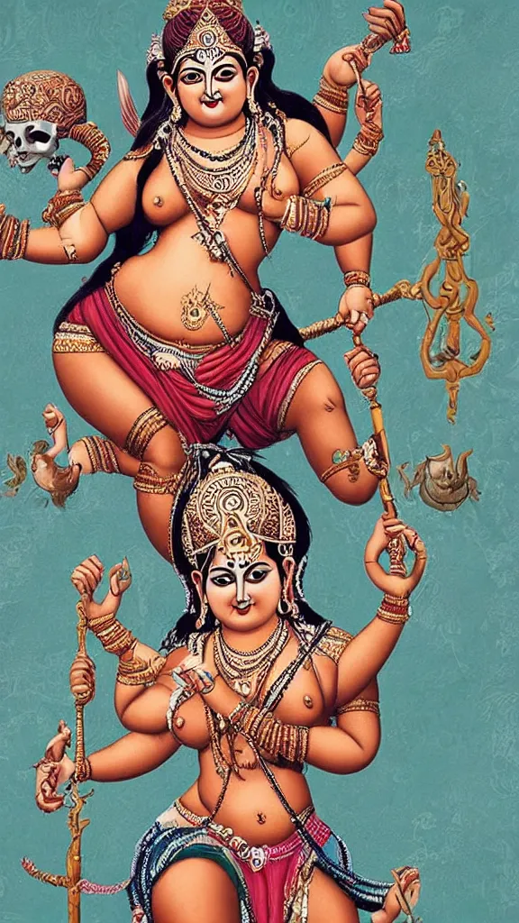 Prompt: curvy body of hindu goddess devi, holding a skull on one hand and trident on another, posing for playboy photoshoot