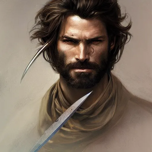 Image similar to portrait of a ruggedly handsome swordsman, soft hair, muscular, half body, leather, hairy, d & d, fantasy, intricate, elegant, highly detailed, digital painting, artstation, concept art, smooth, sharp focus, illustration, art by artgerm and greg rutkowski and alphonse mucha