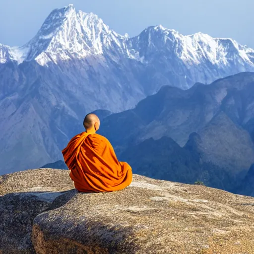 Image similar to a monk meditating on a tall mountain peak, beautiful background