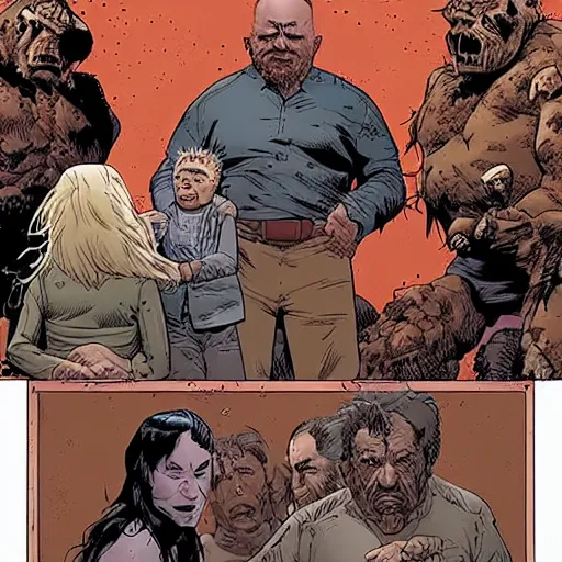 Image similar to mother creates father to serve and protect over the earth and berserker babies, graphic novel, detailed, in the style of Geoff Darrow and Frank Miller