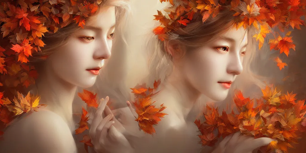 Image similar to breathtaking detailed concept art painting art deco pattern of blonde goddesses faces amalgamation autumn leaves, by hsiao - ron cheng and volegov, bizarre compositions, exquisite detail, extremely moody lighting, 8 k