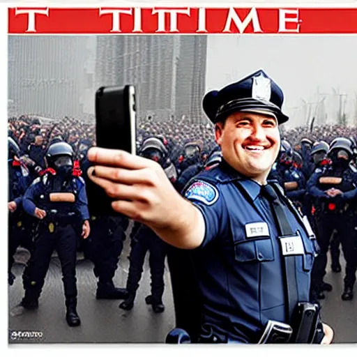 Image similar to smiling cop takes a selfie in front of a riot, time magazine 2 0 2 2, high detail, 8 k