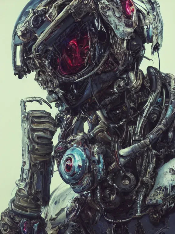 Prompt: portrait art of 8k ultra realistic undead corrupted ghost in the shell, intricate high tech helmet , detailed intricate ornate space suit,decaying, cybernetic, full of colour, cinematic lighting, battered, trending on artstation, 4k, hyperrealistic, focused, extreme details,unreal engine 5, cinematic, masterpiece, art by ayami kojima, giger